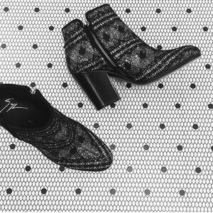 Guiseppe Zanotti Black Lace Silver Rhinestone heel ankle booties women size 6.5